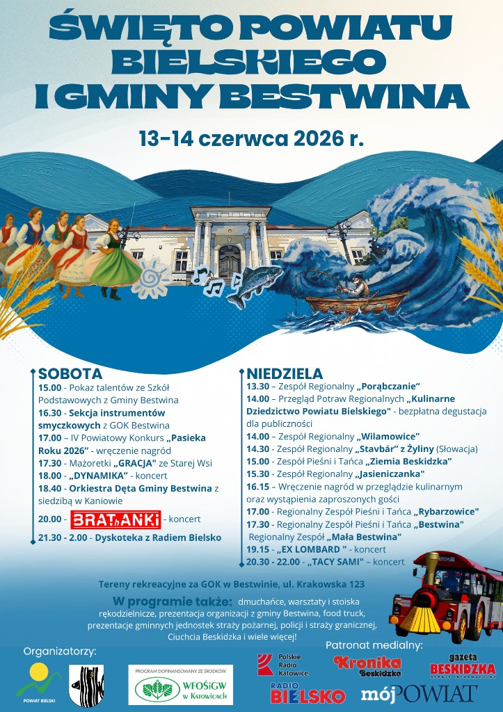 Plagát podujatia Święto Powiatu Bielskiego i Gminy Bestwina 13–14. júna 2026 s programom koncertov a vystúpení