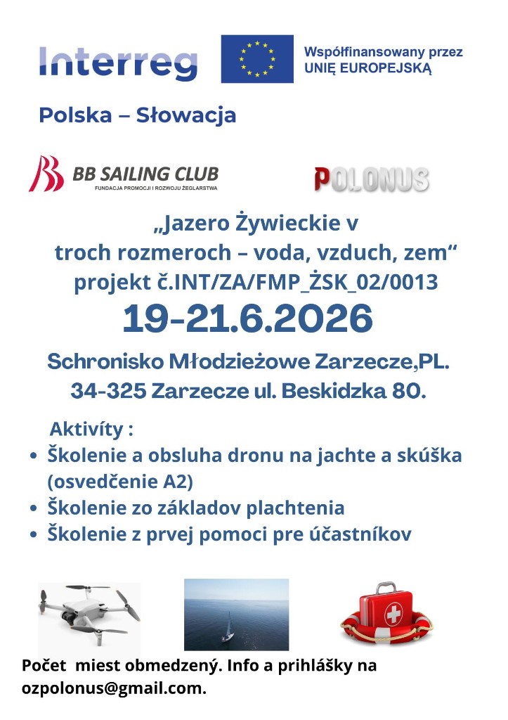 Plagát podujatia Jazero Żywieckie v troch rozmeroch – voda, vzduch, zem, 19.–21. júna 2026 v Zarzecze (projekt Interreg Poľsko-Slovensko)