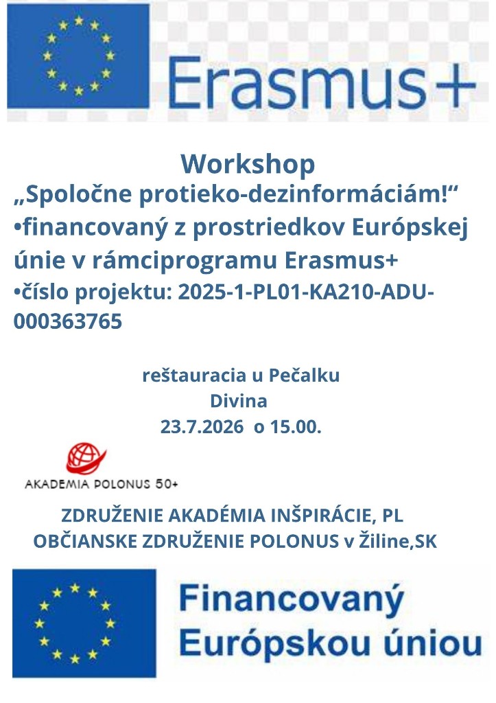 Pozvánka na workshop Spoločne proti eko-dezinformáciám! 23.7.2026 o 15.00, reštaurácia u Pečalku Divina – Erasmus+, Akadémia Polonus 50+