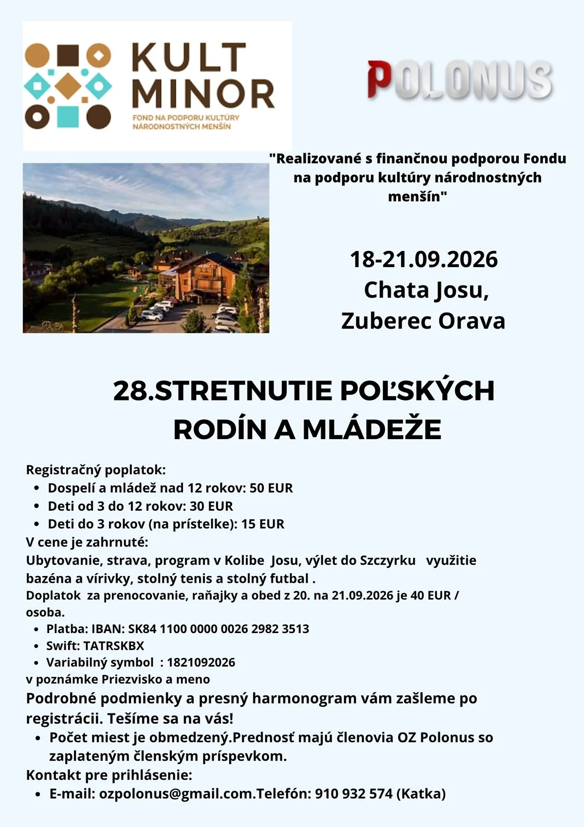 Pozvánka na 28. stretnutie poľských rodín a mládeže v Chate Josu v Zuberci 18. až 21. septembra 2026 s registračnými údajmi