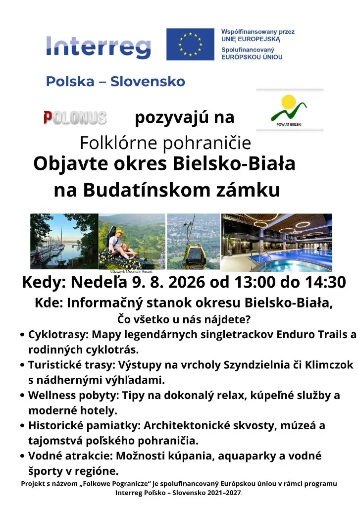 Pozvánka Folklórne pohraničie – informačný stánok okresu Bielsko-Biała na Budatínskom zámku 9.8.2026, Interreg Poľsko-Slovensko