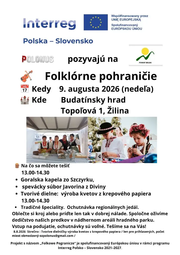 Pozvánka Folklórne pohraničie 9.8.2026 v Budatínskom hrade Žilina – Interreg Poľsko-Slovensko, OZ Polonus a Powiat Bielski
