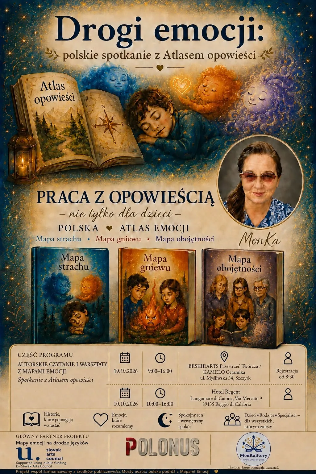 Plagát Cesty emócií s termínmi workshopov 10.10.2026 v Reggio di Calabria a 19.10.2026 v Szczyrku