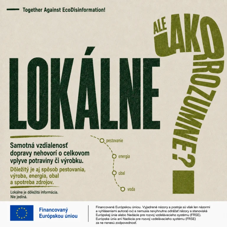 Informačný banner s textom „Lokálne“ a „Ale ako rozumieť?“ o celkovom vplyve potravín a výrobkov