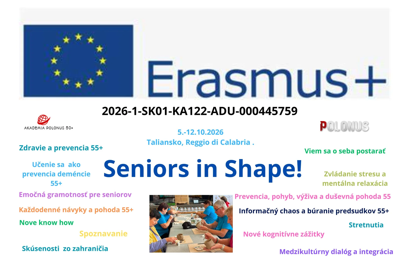 Plagát projektu Erasmus+ Seniors in Shape! v Reggio di Calabria v Taliansku, 5.–12. októbra 2026; číslo projektu 2026-1-SK01-KA122-ADU-000445759.