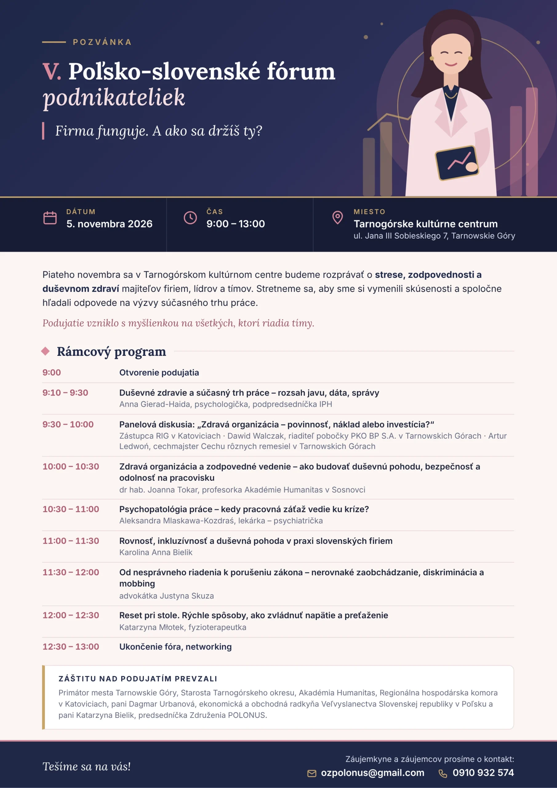 Pozvánka na V. Poľsko-slovenské fórum podnikateliek 5. novembra 2026 v Tarnowských Górach, celý program a kontakty
