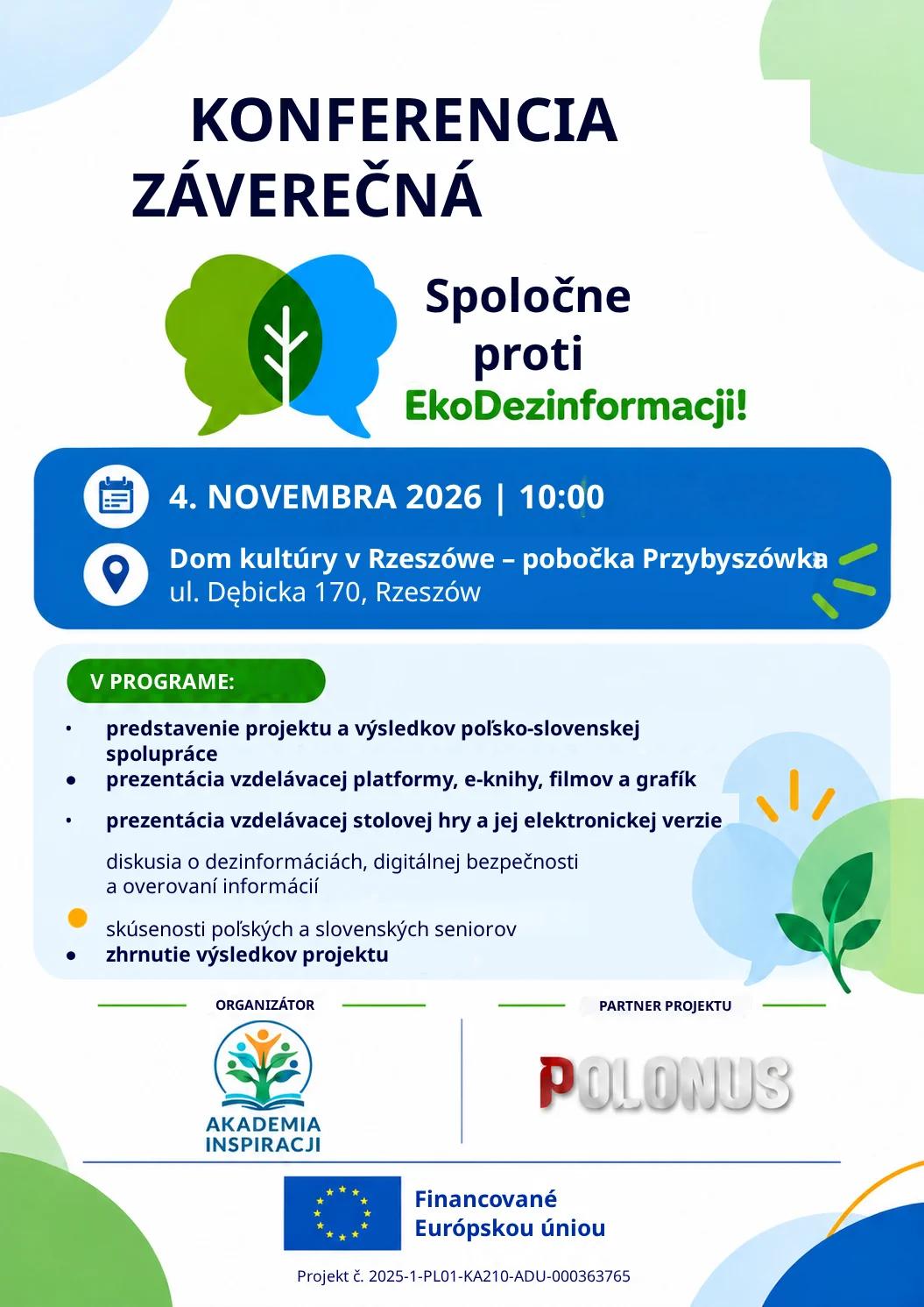Slovenský plagát záverečnej konferencie o ekodezinformáciách v Rzeszówe.