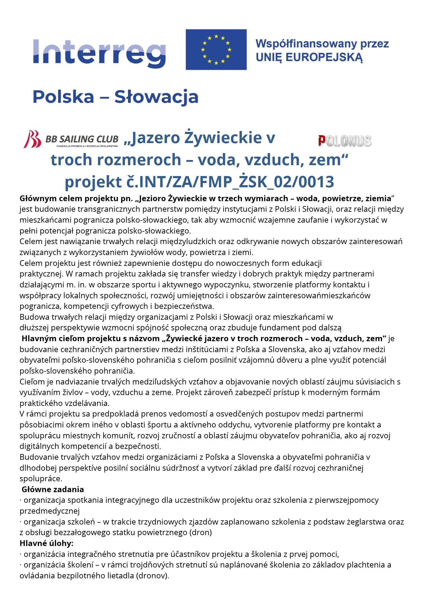 Plagát projektu Žywiecké jazero v troch rozmeroch – voda, vzduch, zem s logami Interreg, Európskej únie, BB Sailing Club a OZ Polonus.